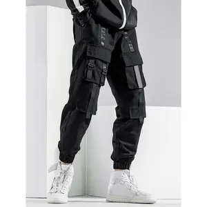 Men's Thin Plain Flap Pocket Tape Buckle Drawstring Waist Black Cargo Pants, Loose Stylish Casual Trousers, Pants for Men, Streetwear Bottoms for Summer Spring Fall, Mens Pants, Men's Clothing, Athletic Techwear