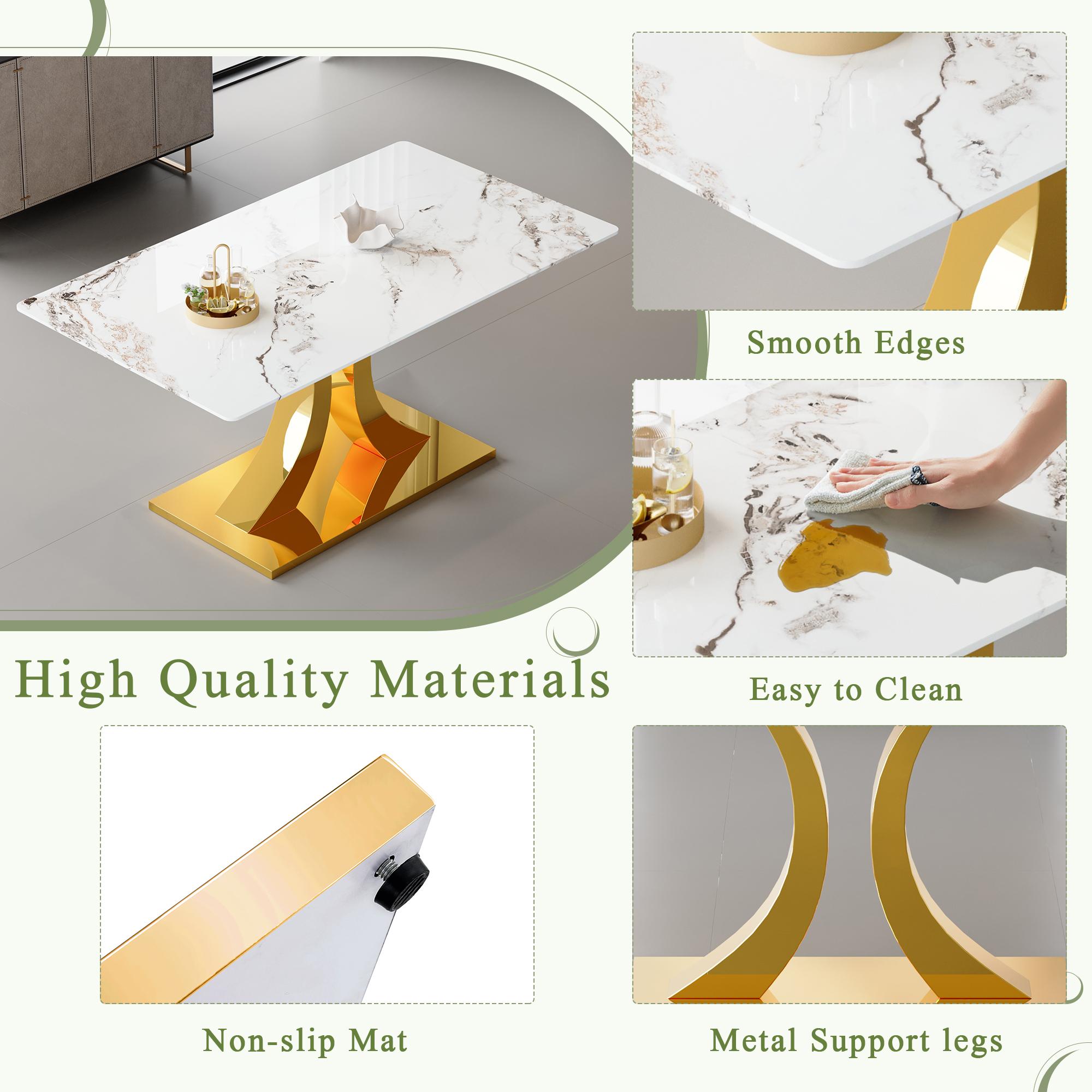 Dining Table Set for 6,Kitchen Table Chairs Set of 6,Modern Rectangular Dining Room Set 63" White Tempered Glass Top with Adjustable Stainless Steel Base,Velvet Upholstered Chairs,Golden Stainless Steel Plating Legs,Suitable for Dining Room,Office,Kitchen