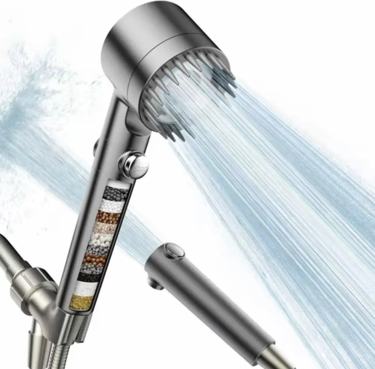 FreshMist Shower Head 3 Modes High Pressure Showerhead with Rainfall Faucet, Portable Filter, Integrated Massage Brush, ABS Plastic Material
