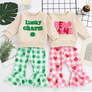 2 Pcs Set Toddler Girl St. Patrick & Valentine's Day Outfits Letter Embroidery Long Sleeve Round Neck Pullover + Plaid Flare Pants Checkered Baby Bodysuit