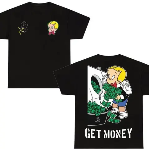 Men's Pure Cotton Round Neck Short-Sleeve Funny Richie Rich Get Money Graphic Tee - Retro Wealthy Meme Design, Aesthetic Vibe, Denim-Cargo Hem Compatible, Breathable Office Casual Top, New Year Fabric-Focused Funny Gift for Guys