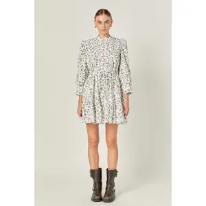 Floral Print Pintuck Smock Mini Dress