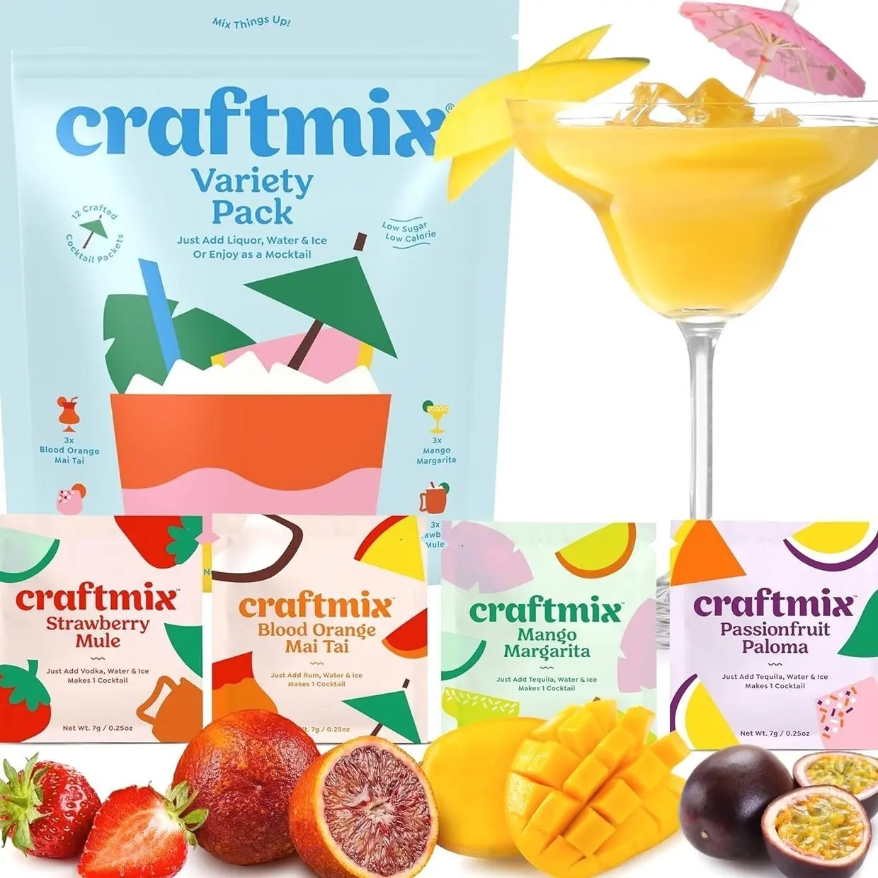 Craftmix Variety Pack Cocktail & Mocktail Drink Mixer, Skinny Mixes - Water Flavoring Packets - Made With Real Fruit - Vegan Low-Carb, Low-Sugar, Non-GMO, Dairy Free, Gluten Free, 12 Pack
