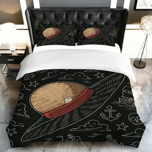 3PCS Duvet Cover Set, 1 Duvet+2 Pillowcases(Without filler), Straw Hat Pirate Nautical Adventure Black theme, Halloween bedding set, Anime  Stylish Bedding Suitable for decoration bedroom, guest room, dormitory, living room.