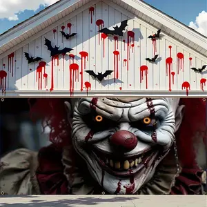2D FLAT 1pc Banner [Halloween Clown Banner] Extra Large Halloween Evil Clown 2D Banner | Polyester Material, Glowing Eyes Tricky, Durable Party Accessories, Featherless Design, 157x71 inch Garage Flag
