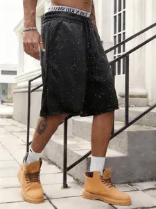 Men's Casual Seven-Quarter Pants, Elastic Waist Drawstring Fitness Running Shorts, Summer Sporty Shorts with Pockets, Starry Reflective Design, Elastic Loose Shorts