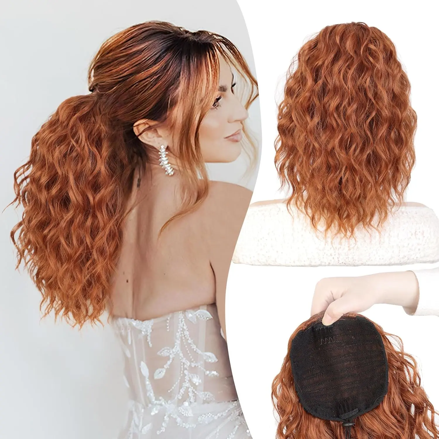 Ponytail Extension,Drawstring Ponytail for Women 14 Inch Synthetic short Curly Wavy Lightweight Layered Pony Tails Hair Extensions Clip in Ponytail Hairpiece for Women(Copper Red)