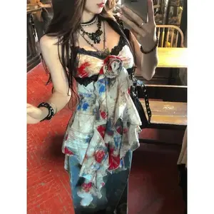 Sweet Print Slim Camisole Summer High Street Coquette Asymmetrical Tees New American Style Sexy Gyaru Halter Top Women Design Womenswear Comfort Sleeveless Embroidered Spaghetti Strap 21364 Floral(Sheets)