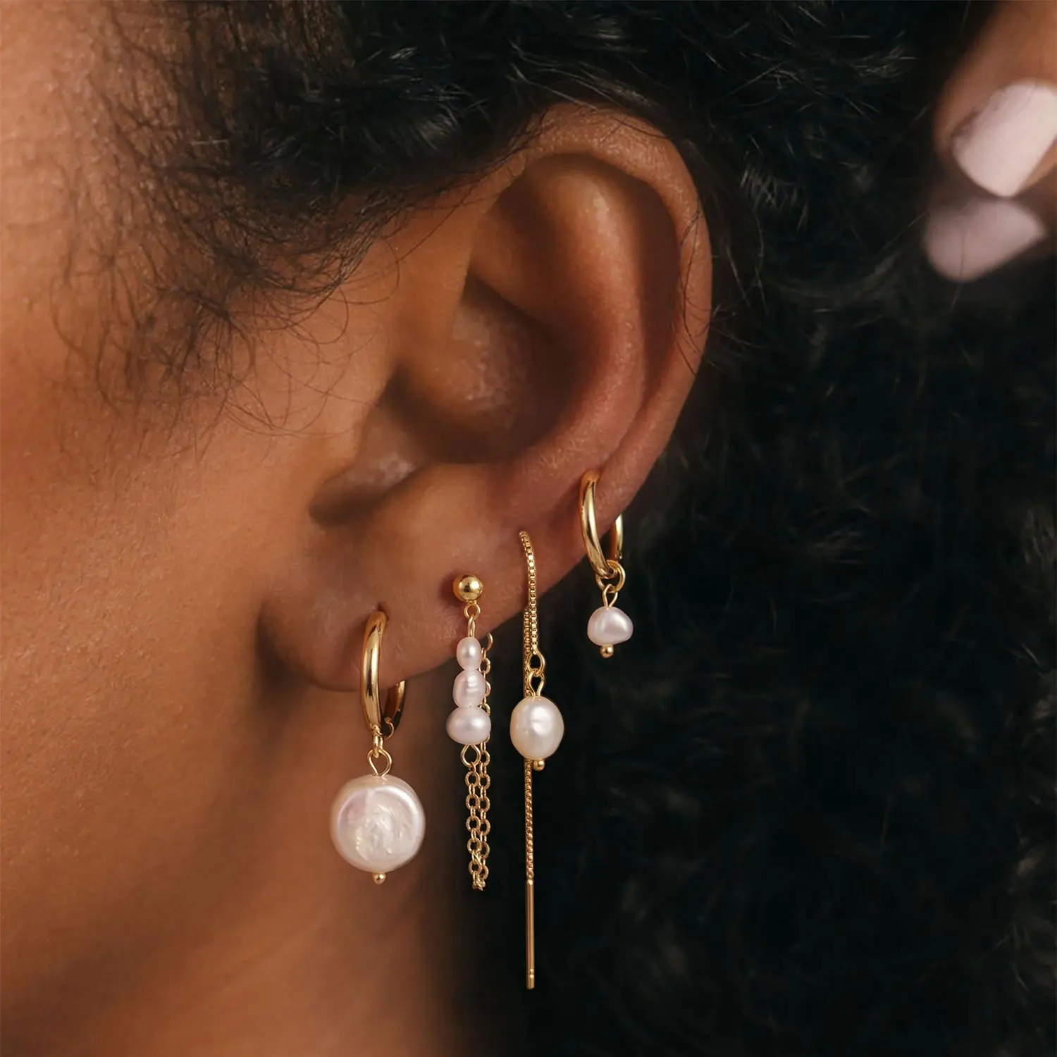 KOPERIN 4 Sets 14K Gold Plated Pearl Huggie Hoop Drop Earrings Hypoallergenic Stackable Ear Sets For Cartilage Multiple Piercings Women Daily Prom Wedding Party Wear Accessories