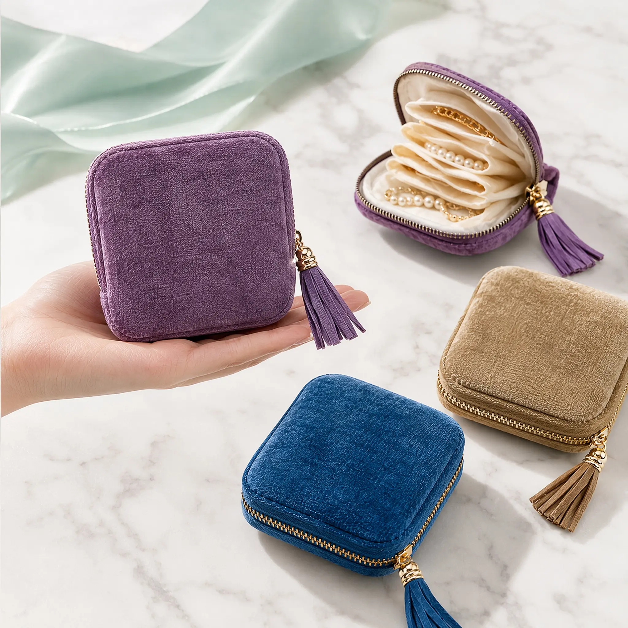 Portable Velvet Satin Lined Jewelry Pouch with 5 Compartments, Zippered Pocket, Tassel Zipper - Travel Organizer for Rings, Bracelets, Necklaces - MM2