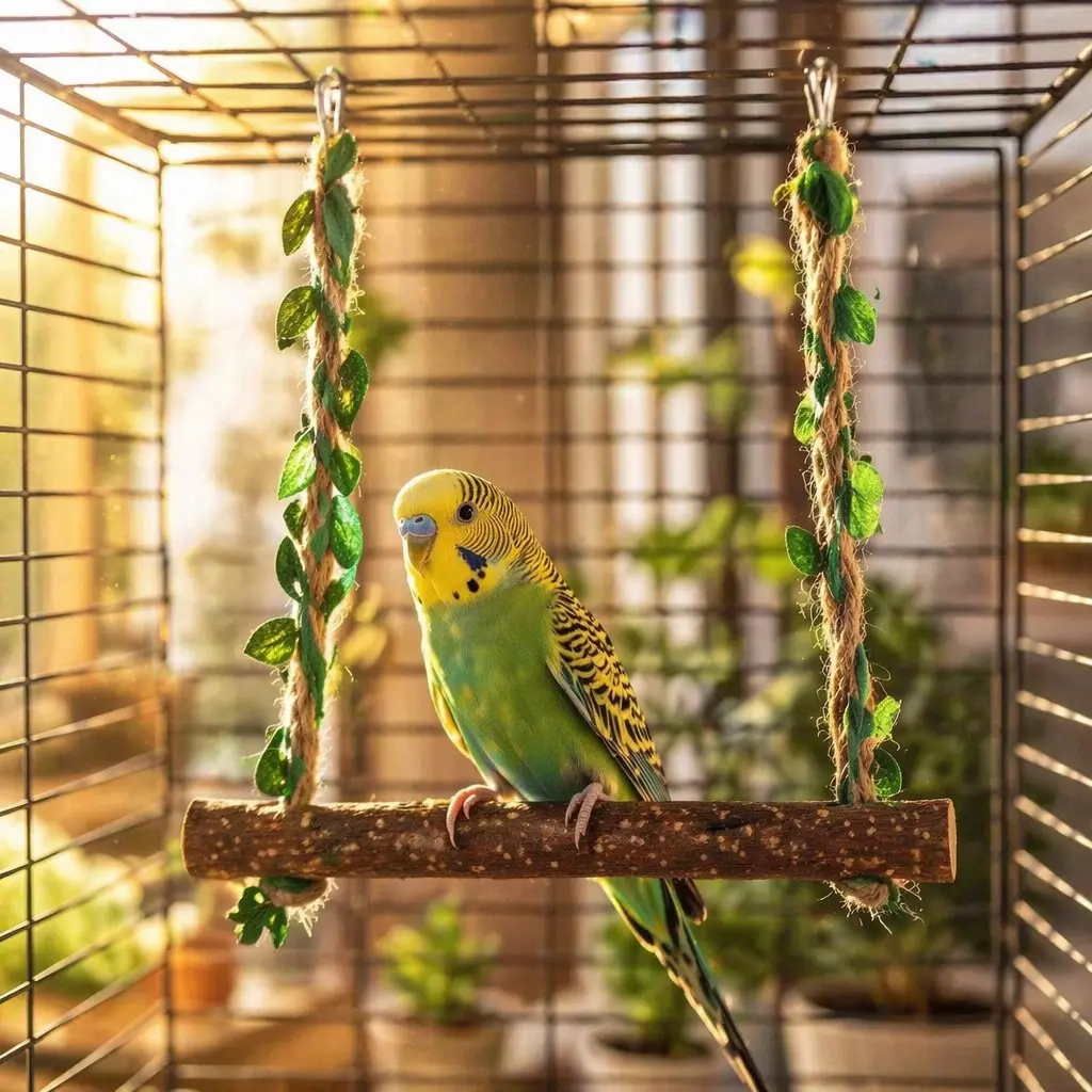 Natural Wood Bird Swing Perch with Faux Leaf Vines, Hemp Rope - Easy-Install Pet Cage Accessory for Small Birds (Parakeets, Budgies, Cockatiels) for Play & Rest, Garden, Bird Cage