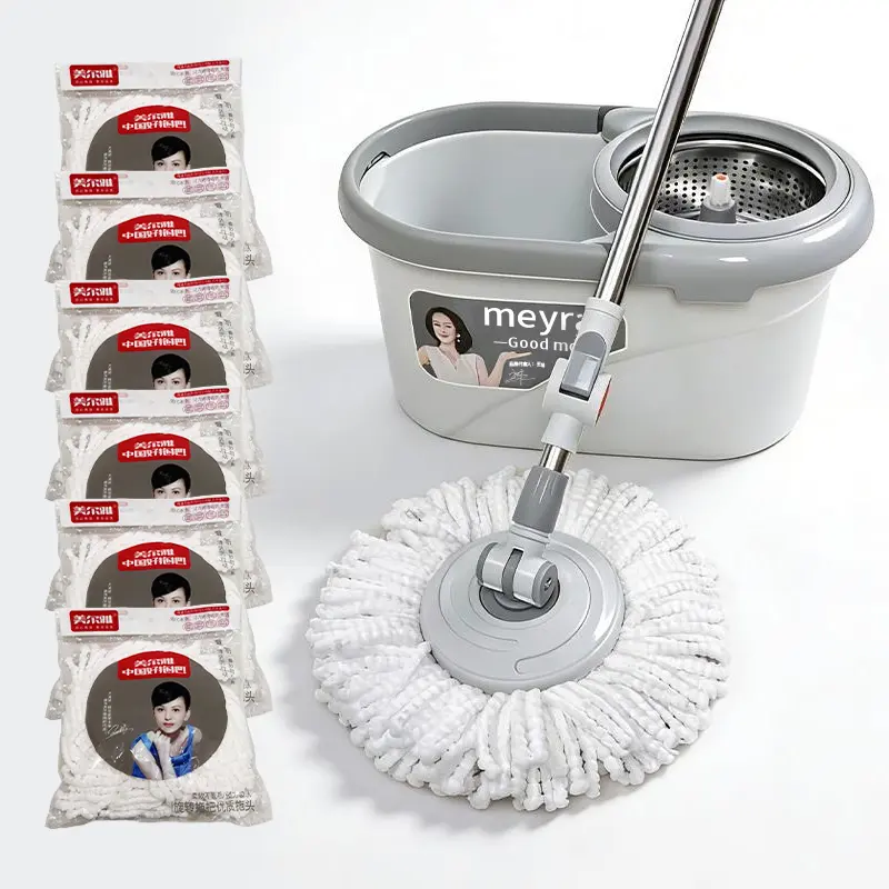 360-Degree Rotating Spin Mop and Plastic Bucket Set with Wringer, 6 Microfiber Refill Heads, Adjustable Stainless Steel Long Handle, Microfiber Towel for Efficient Bathroom Floor Cleaning (Home Care Supplies)