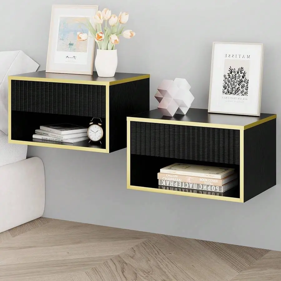 Trend 2-Piece Gold Floating Nightstand Set - Modern Bedroom Side Table with Drawers, Open Shelf, Black/White Mirrored Console Table Inlay, Novelty Marble Dining Mobile Standing Desk with Wheels, Assembly Required, Floating Desk