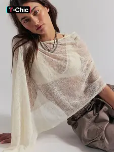 Women's Bohemian Summer Beach Knit Shawl Top, Lightweight Vacation Beach Cover-Up, Swimsuit Cover Up, Transparent Crochet Design, Perfect for Casual, Sheer Cover Ups