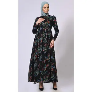 Midnight Blooms Printed Abaya with Belt and Hijab