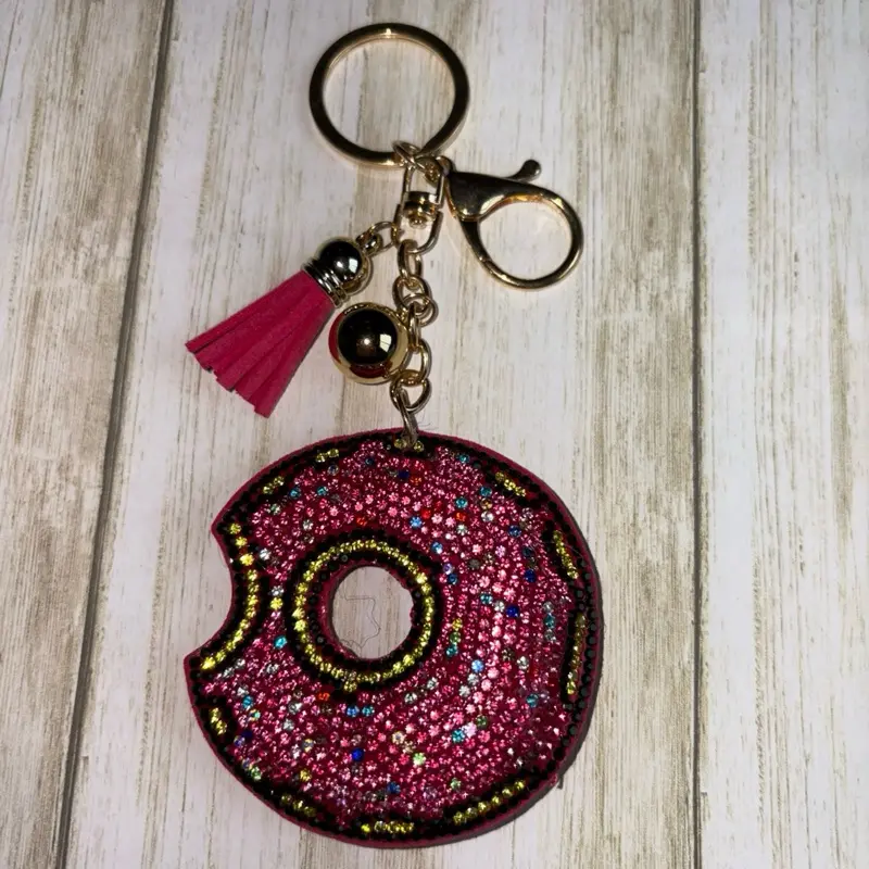 Glitter Donut Keychain with Pink Tassel and Gold Chain Accessory for Keys and Bags