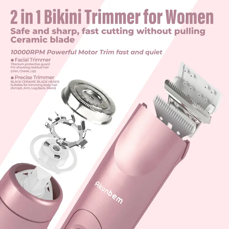 Akunbem Bikini Trimmer for Women, Electric Shaver and Razor Rechargeable 2-in-1 Body and Facial Epilator, Dual Heads for Painless Trimming of Pubic Hair, Face, Underarms and Legs, IPX7 Waterproof. Christmas Gift New Year Gift Shaving Grooming 1