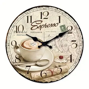 10 inch European wooden large coffee cup clock wall- battery-powered, silent and quiet clock, suitable for living room, bedroom, home, kitchen and coffee shop decoration clock wall, perfect gift (battery-free)