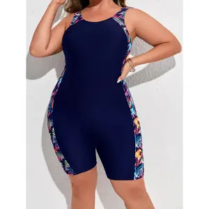 Large Size One-Piece Swimsuit with Fashion Print And Spliced Design