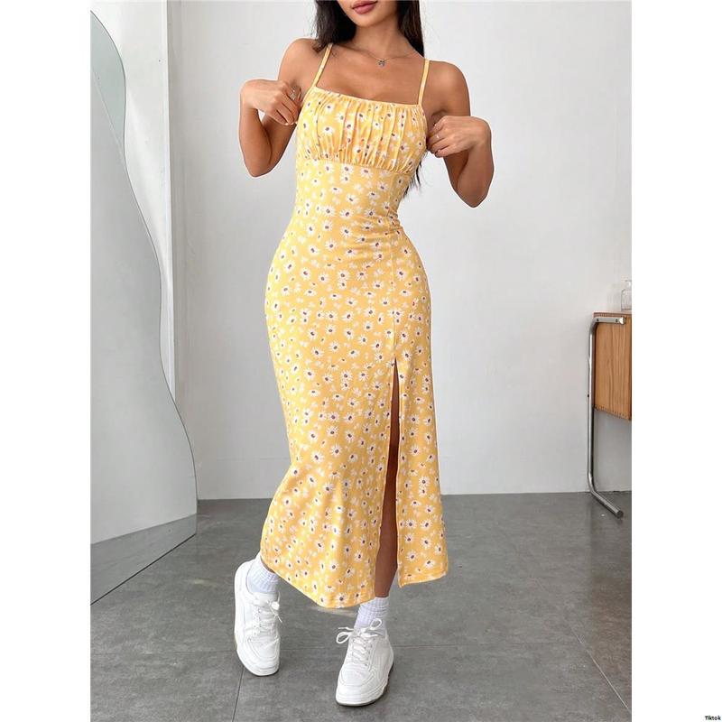 Pastel Dresses Summer Slit Strap Spaghetti Knit EZwear tiktok Printed Hem Vacation Dress For Women
