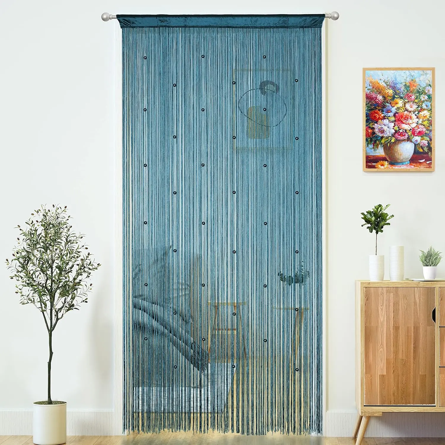 Beaded Curtain Door String Curtains for Doorways Tassels Beads Hanging Fringe Hippie Window Hallway Entrance Wall Closet Bedroom  Decor (Teal Blue, 39" W x 79" L (Pack of 1))