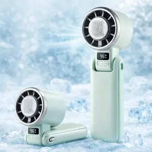 Portable Handheld Fan with Ice Cooling Plate, Rechargeable Mini Turbo Fan with 5 Speeds, Digital Display, USB C Fast Charging, Foldable Handheld Desktop Neck Fan for Travel, Summer, Cruise, Makeup, Hot Flashes, Outdoor and Office Use