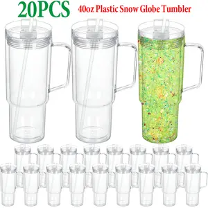 20 PACK 40 Oz Plastic Snowglobe Tumbler with Handle, Acrylic Snow Globe Cups with Pre-drilled Hole, Double Wall Reusable Clear Plastic Travel Coffee Mug Cup for Snowglobe Glitter DIY Drinkware Water Bottles Stylish Bottled
