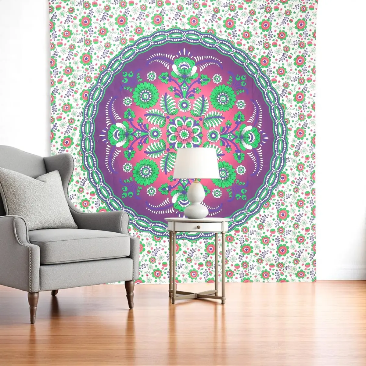 360 stand Handcrafted Large Floral Print Cotton Tapestry, 88x84 in Green-Purple-White, Decorative Hanging Home Decor for Flower-Themed Rooms, Indoor-Outdoor Wall Art & Table Accent, Floral Designs, Artwork Print Tapestries, Flower Pattern Tapestry