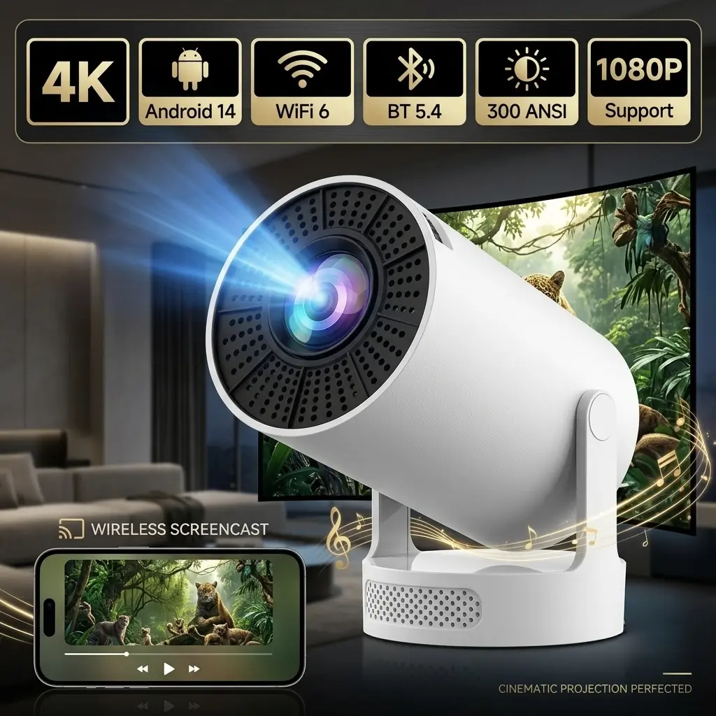 XBJ 713 Smart Mini Projector with 4K Decoding Support, Wireless Screen Mirroring, Home Theater, Auto Focus, Portable for Home & Outdoor Use, Supports WiFi & Bluetooth Connection, father's Day gift