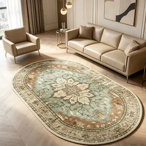 Vintage Oval Living Room Rug, Green Bohemian Style, Non-slip and Washable, Suitable for Decorating Bedrooms, Dining Rooms, Living Rooms and Studies.
