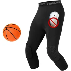 Men's Compression Pants with Knee Pads and Protective Cup for Baseball Football Lacrosse MMA Basketball Hockey, Black