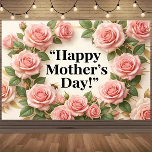 Happy Mother's Day Backdrop with Pink Roses & Greenery, Polyester Photo Booth Wall Decor for Party Decoration Photo Background, Perfect Gift for Mom Indoor Outdoor Celebration, Party Banner