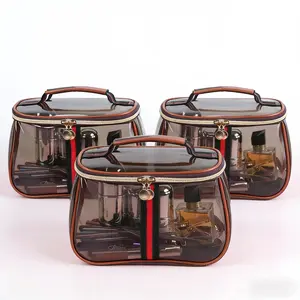 New Retro Vintage Vanity Bag, Large Capacity Toiletry Bag for Travel, Clear Cosmetic Makeup Organizer for Ladies, Portable Waterproof Transparent Zippered Skincare Storage Case【Brown】