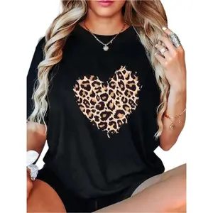 100% Cotton Leopard Cheetah Animal Print Heart T-Shirt Casual Short Sleeve Vintage Graphic Tees Clothing Women's Shirts