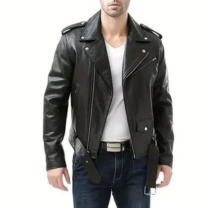 New Men's PU Leather Jacket Long Sleeve Fashion Men's Motorcycle PU Leather Jacket Motorcycle Men's Jacket PU Leather Jacket Retro Style Motorcycle Motorcycle Jacket, Black Style, Zipper And Belt