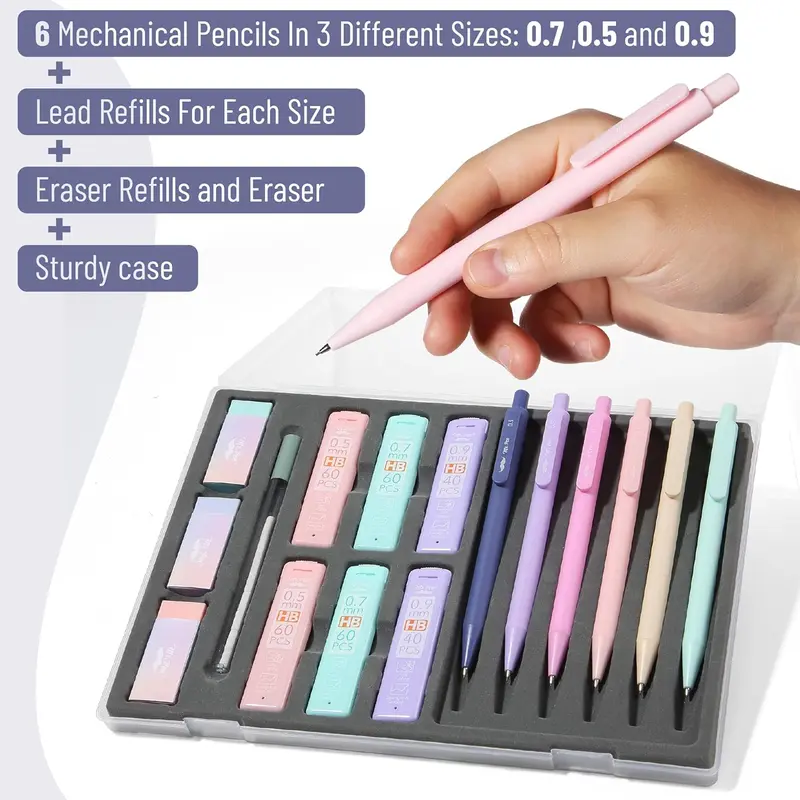 Mr. Pen Pastel Mechanical Pencil Assortment Kit - 6 Pencils, 3 Sizes (0.5mm/0.7mm/0.9mm), Lead Refills, Erasers, Aesthetic Design, Classroom Supplies, School Supplies Haul, Study Stationery for Students (Consistent Clean Lines)