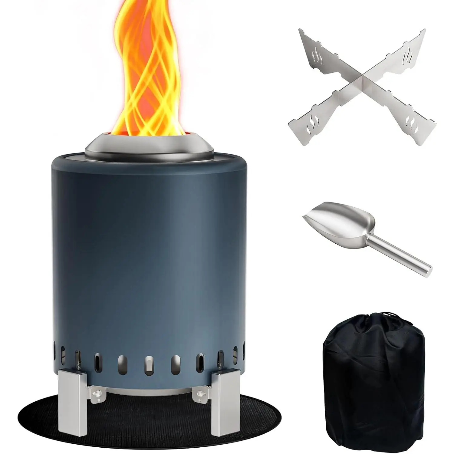 7-Inch Portable Stainless Steel Tabletop Fire Pit with Built-In Cooking Stand, Insulation Mat, Travel Bag, Wood & Synthetic Pellets Fuel Options, Lasting Heat for Patio, Camping