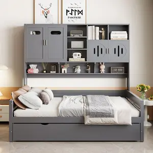Full Size Daybed With Bookcase Headboard, Storage and Twin Size Trundle, Wooden and All-in-One Cabinet and Shelf, No Box Spring Needed, Gray