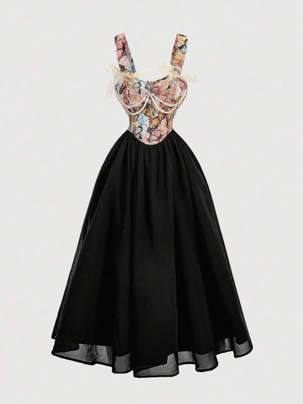 Pink Summer Cottage Core Tea Party Vintage Palace Butterfly Jacquard Patchwork Flounce Hem Dress With Bow & Pearl Chain