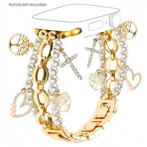 Faux Pearl Decor Watch Band with Watch Case, Adjustable Unique Pendant metallic Watch Band, Denim Chain Bracelet Watch Band for iWatch Series 10/9/8/7/6/5/4/3/2/1/SE, Wearable