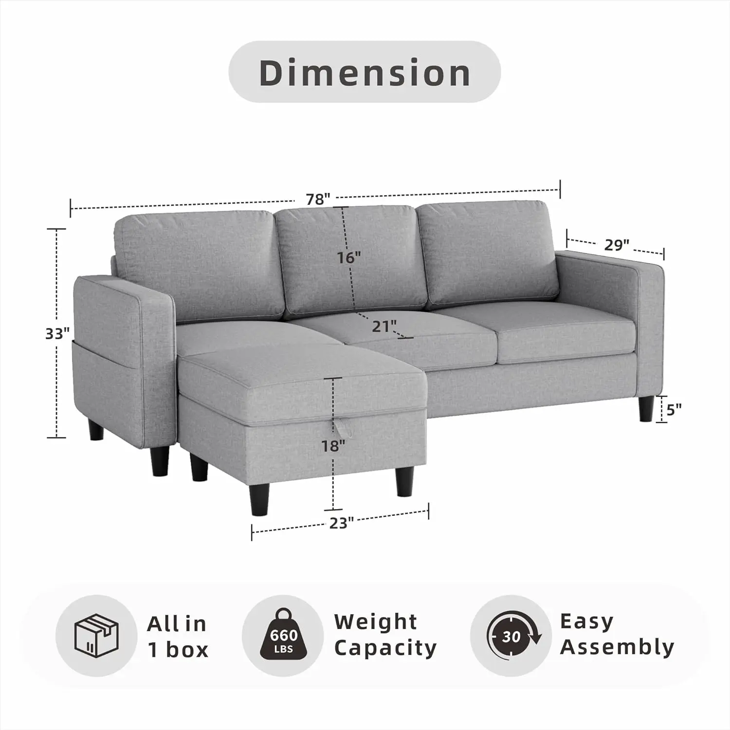 Sectional Sofa and Couches for Living Room - 78'' Light Grey 3 Seat L-Shaped Couch with Storage Ottoman, Pet Friendly Linen Convertible Sectionals Sofas with Chaise for Apartment, Office, Small Space