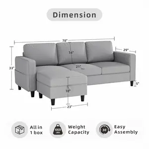 Sectional Sofa and Couches for Living Room - 78'' Light Grey 3 Seat L-Shaped Couch with Storage Ottoman, Pet Friendly Linen Convertible Sectionals Sofas with Chaise for Apartment, Office, Small Space
