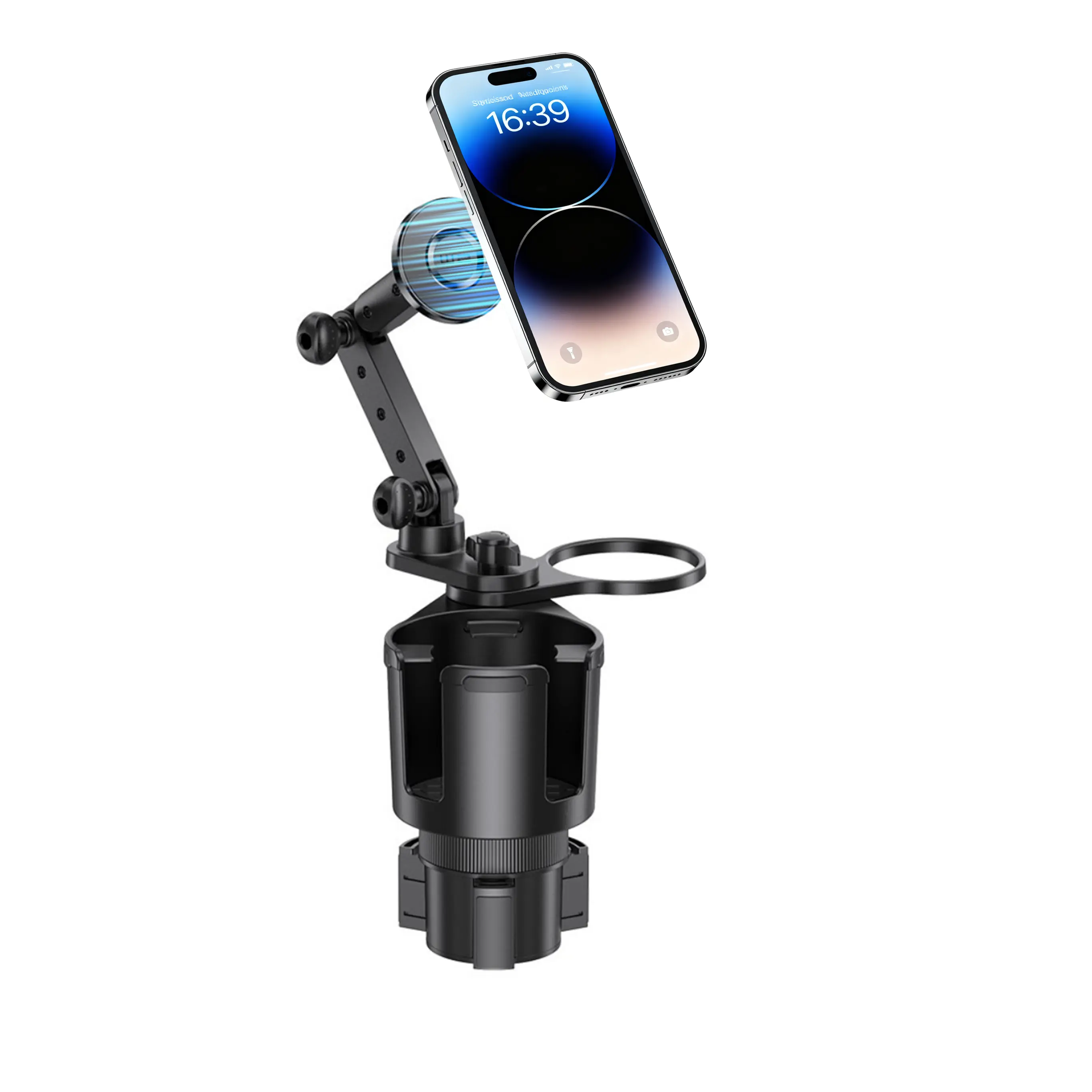 Magnetic Cup Holder Phone Cradle for Magsafe, Powerful N54 Magnet Flexible Tri-pivot Cup Phone Holder for Car, Tesla, Truck, SUV, Compatible with iPhone 17 16 15 14 13 12, Samsung and other smart phone with Metal Ring