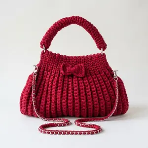 Red Handmade Crochet Handbag with Strap and decorative bow