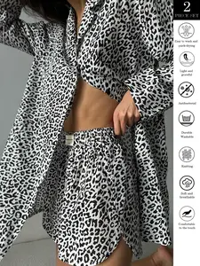 Two-piece set women's new fashionable casual leopard print lapel cardigan long-sleeved shorts set, loungewear set, women's pajama set, suitable for wearing at home.