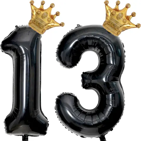 40-in Large Black Aluminium Set - Number 13 Foil Mylar Numeral, 1 Crown, 1 Straw Inflate, Happy Birthday Props, Room Decor, Boys’ 13th Balloon Party Supplies Photo Backdrop Favors