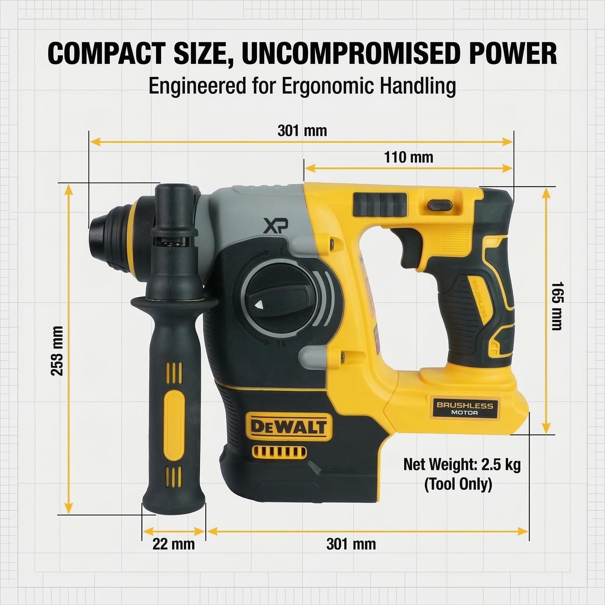 Dewalt DCH273 20V Brushless Rotary Hammer Drill Kit – 2.4J Impact Energy for 4-12mm Concrete Drilling – 360° Auxiliary Handle & Variable Speed