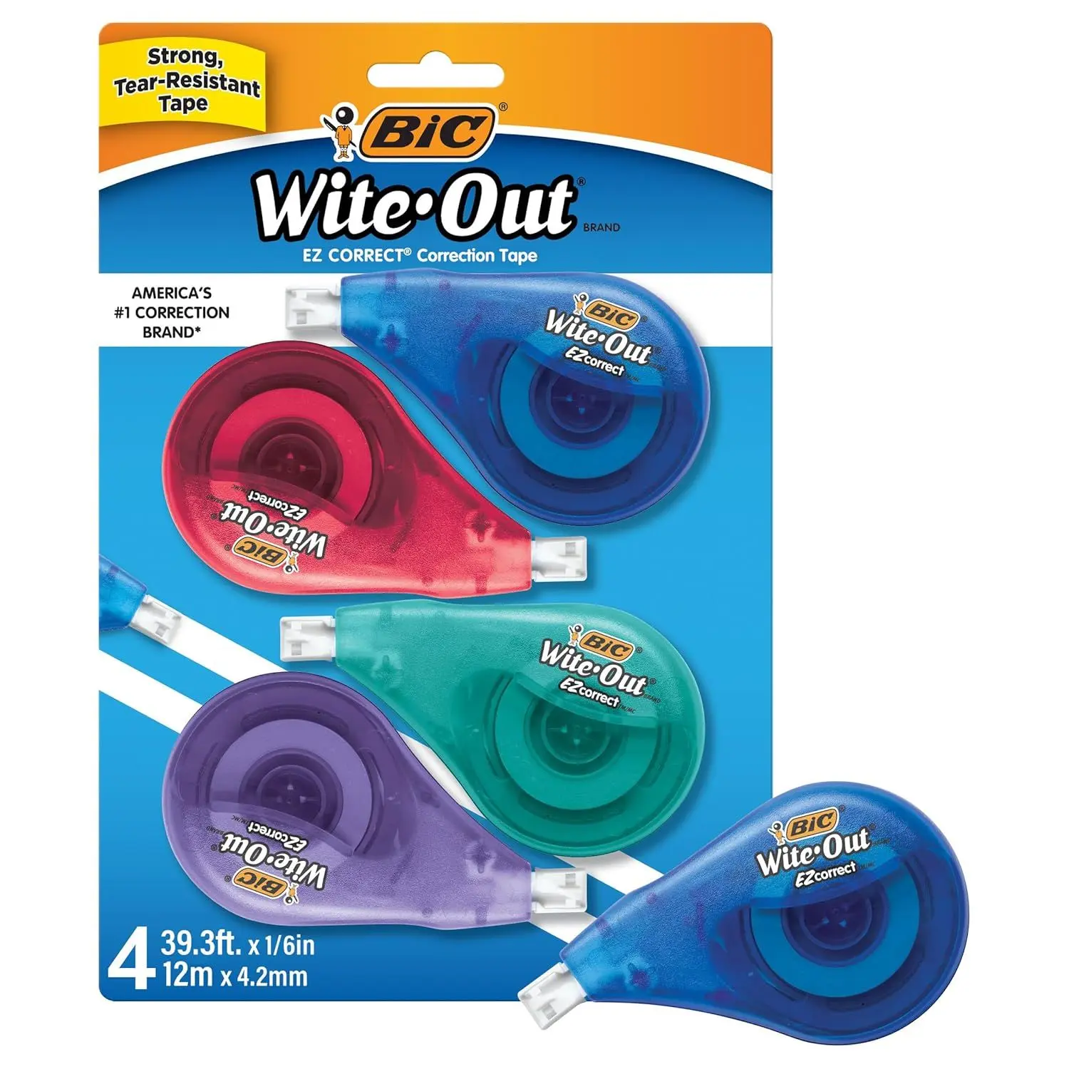 BIC Wite-Out Brand EZ Correct Correction Tape, 39.3 feet, 4-Count Pack of White Correction Tape, Fast, Clean and Easy to Use Tear-Resistant Tape Office or School Supplies | Instant Dry Application for Quick Corrections | Tear Resistant for Durability | Cl