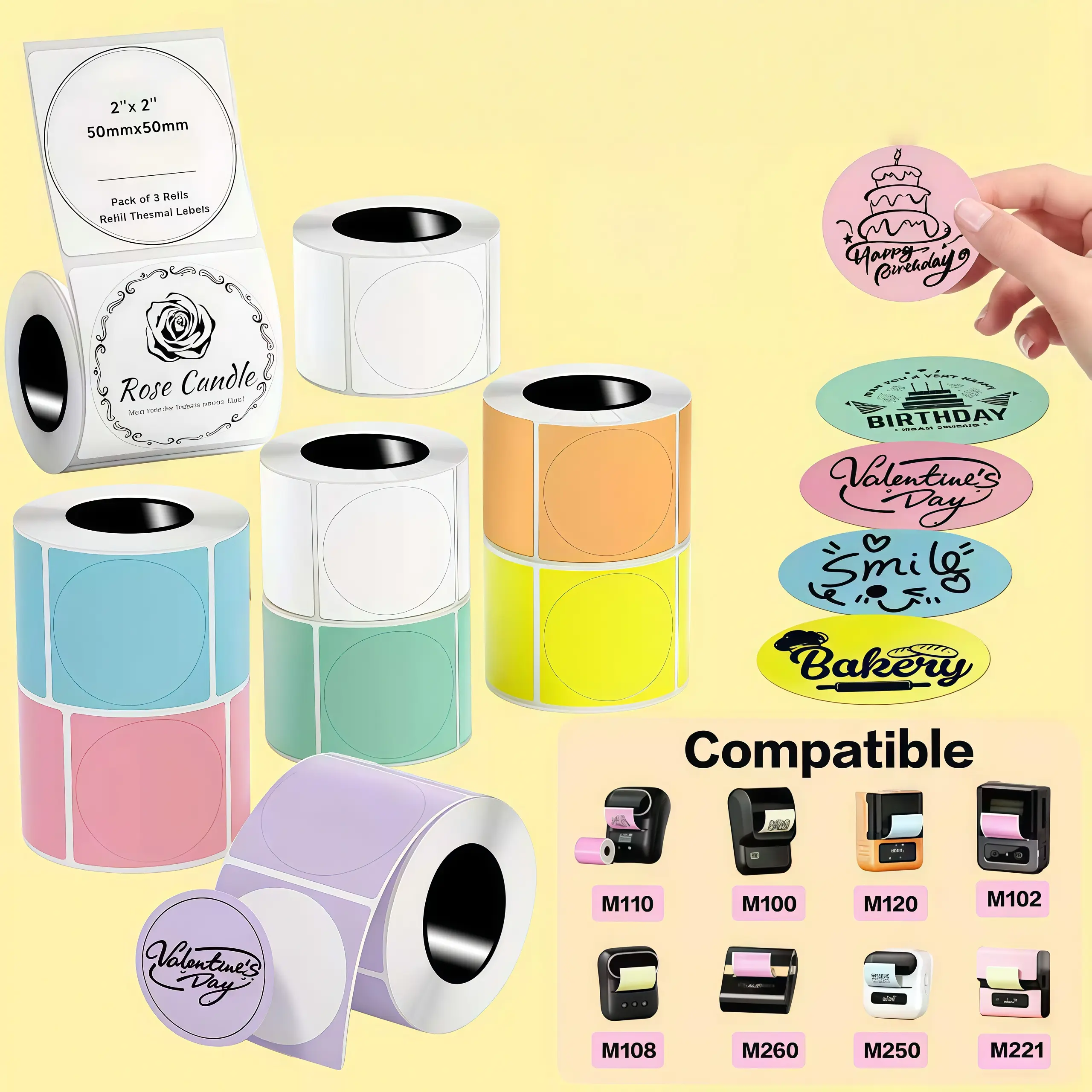 Multi-color round label paper, 50mm*50mm, suitable for M100/M110/M220/M221/M120/M150/M250/M260 label printers. Self-adhesive thermal paper, multi-purpose round labels, can be used for printing labels and packaging.