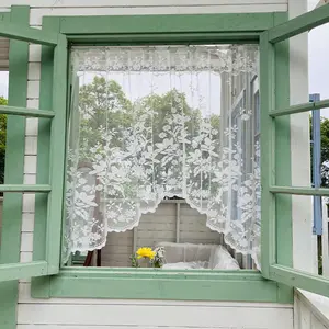 White Floral Embroidered Door Curtain Lace Sheer Curtain Swag Valance for Kitchen Dining Windows, Rod Pocket Top 1 Panel
